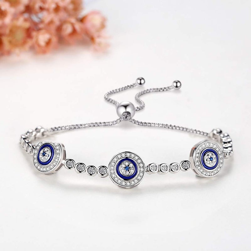 Kaletine Blue Evil Eyes Tennis Bracelet Nazar Amulet Sterling Silver Cubic Zirconia Chain Length Adjustable 4"-10" (Rhodium) - Image 4
